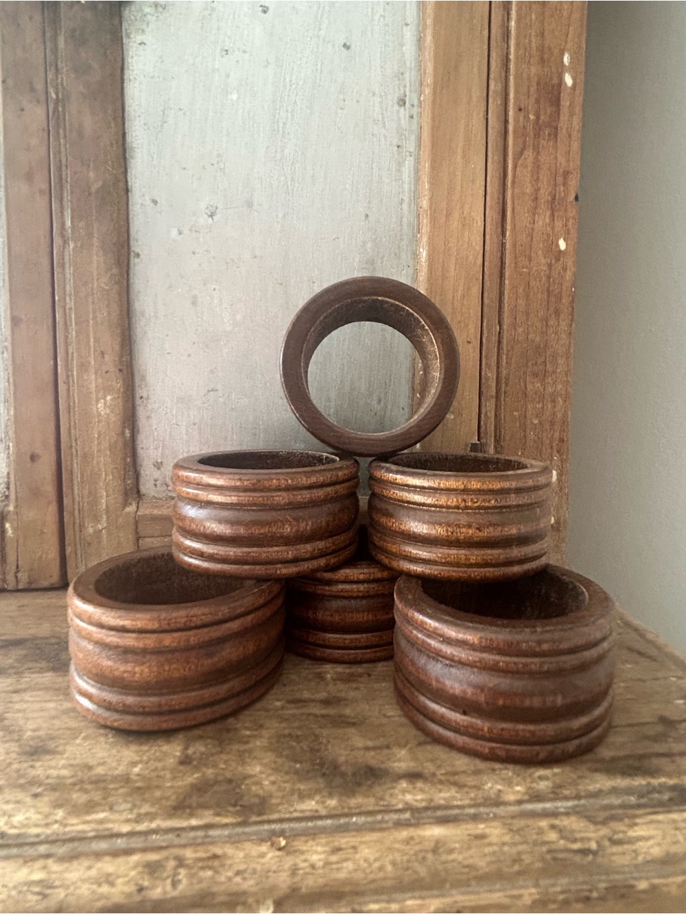 Set of 6 Brown Wooden Ribbed Napkin Rings Mid-Century